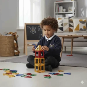 A young child in a school jumper engaging in STEM play with translucent magnetic building tiles.