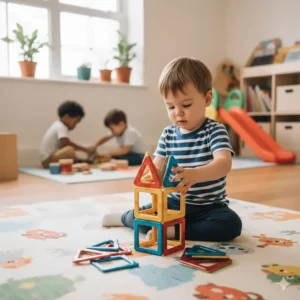 A toddler in a nursery setting stacking primary-coloured magnetic tiles to build a simple tower.