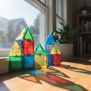 Sunlight streaming through colourful magnetic tiles on a windowsill, creating vibrant shadows on the floor.