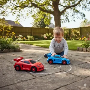 A young child playing with large blue and red racing car toys on a stone patio in a typical British garden.