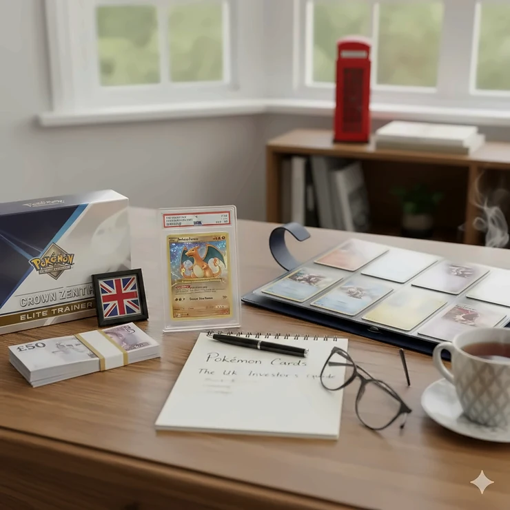 A professional display of high-value Pokémon TCG cards, including a holographic Charizard, representing a comprehensive investment guide for the UK market. pokemon cards investment guide