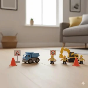 A complete preschool construction site play set including miniature workmen figures, cones, and road signs.