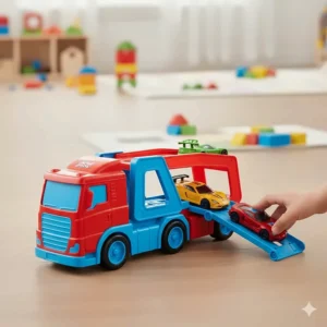A bright red and blue toy transporter lorry with a ramp, loading small racing cars into the trailer.