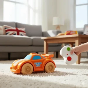A chunky orange remote control racing car for toddlers being operated by a child’s hand in a cosy British home.