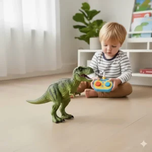 An interactive walking T-Rex toy with a simple remote control designed for small hands.
