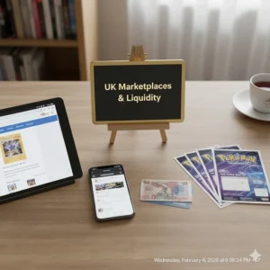 An illustration of popular UK platforms for buying and selling Pokémon cards, emphasising liquidity for British investors.
