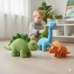 A collection of soft, cuddly dinosaur plushies including a green Stegosaurus and blue Diplodocus.