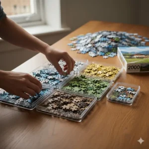 A person organising 2000 piece jigsaw puzzle bits into clear sorting trays by colour and edge type on a wooden surface.