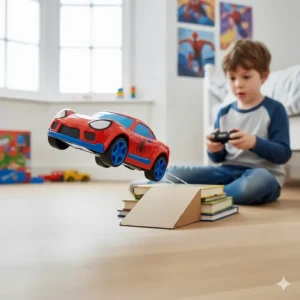Red and blue Spider-Man remote control stunt car designed for primary school children.