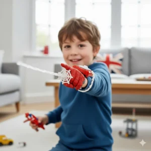 A child wearing a Spider-Man web-shooter glove toy for imaginative role play.