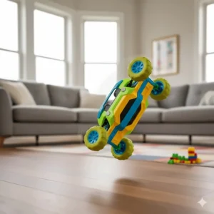 A colourful 360-degree stunt RC car performing a flip on a wooden floor indoors.