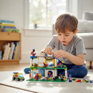 Construction toy set featuring a superhero theme, designed to develop fine motor skills in five-year-olds.