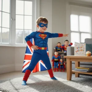 A child wearing a superhero cape and mask set, perfect for imaginative role play and fancy dress parties.