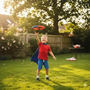 A superhero-themed flying disc for garden play, encouraging active outdoor exercise for 5-year-old boys.