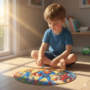 A colourful superhero jigsaw puzzle featuring various characters, designed for children aged 5 and up.