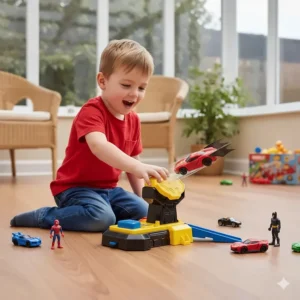 A superhero-themed toy car and launcher kit, a top-rated gift for young boys who love fast-paced play.
