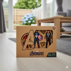 The Avengers collection presented in 100% recyclable, plastic-free cardboard packaging with a Union Jack UK version seal.