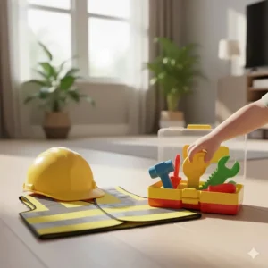 A child-sized yellow high-visibility vest, safety helmet, and plastic tool kit for construction-themed play.