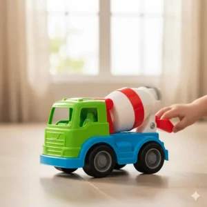 A friction-powered toy cement mixer lorry designed for small hands and imaginative role-play.