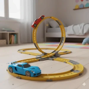 A photorealistic toy race track featuring a loop-the-loop with a red and blue racing car on a light wooden floor.