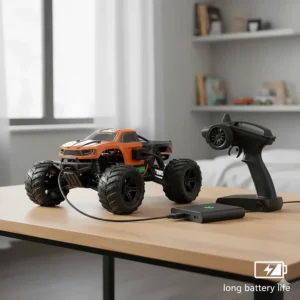 A remote control car being charged via USB cable, highlighting long battery life for kids' play.
