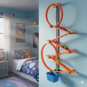 A vertical Hot Wheels track set mounted to a blue bedroom wall featuring multiple loops and a collection bin at the bottom.