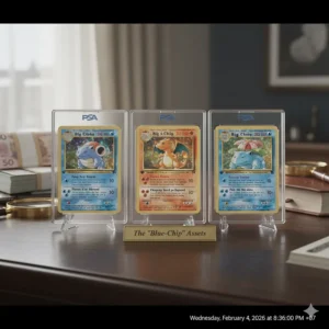 The original Base Set Big Three Pokémon cards—Charizard, Blastoise, and Venusaur—often considered the blue-chip assets of the hobby.
