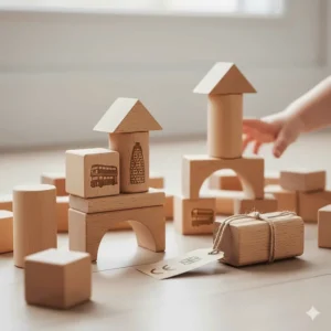 A set of sustainably sourced wooden construction blocks for toddlers, featuring natural finishes and British safety standards.
