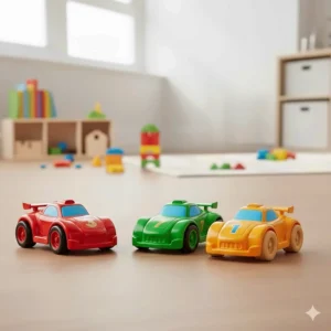 Three sturdy, brightly coloured racing car toys with numbers on their bonnets, arranged in a playroom setting.