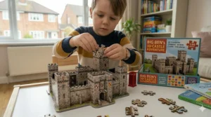 A young boy focused on constructing a detailed 3D cardboard castle puzzle, demonstrating spatial awareness and logic.