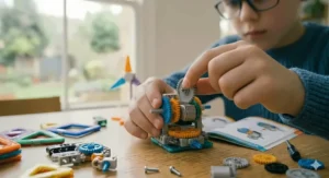 A photorealistic extreme macro close-up of an 8-year-old British boy referencing an instruction booklet while precisely manipulating tiny grey gears and cogs, highlighting advanced problem-solving skills.