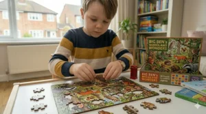 A child completing a "Woodland Wonders" jigsaw puzzle featuring British wildlife like hedgehogs and owls.
