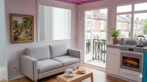 The interior lounge of the Barbie doll’s house featuring a miniature striped sofa and a small coffee table with a tea set.