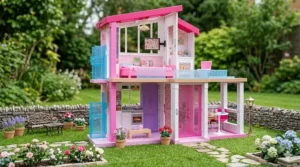 An exterior view of the pink Barbie Dreamhouse playset situated in a detailed garden with a dry stone wall and lavender.