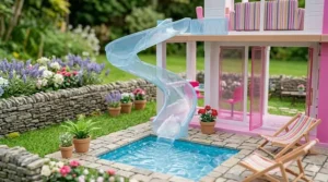 A clear spiral slide leading from the second floor of the Barbie Dreamhouse into a garden swimming pool with patio stones.