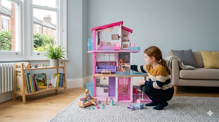 A young girl playing with a Barbie Dreamhouse in a modern British living room with natural light and Victorian windows. Barbie dreamhouse