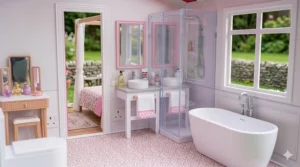 A modern bathroom suite in the Barbie Dreamhouse with a freestanding bath, walk-in shower, and miniature luxury toiletries.