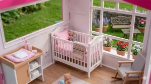 The top-floor nursery of the Barbie Dreamhouse featuring a white cot, pink patterned bedding, and a British power socket.