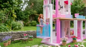 A close-up of the manual lift mechanism on the side of the Barbie Dreamhouse with a doll standing on the platform.