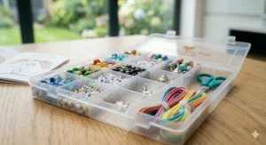 A durable, clear plastic compartmentalised storage case labelled The Crafty Fox, keeping beads and charms tidy and organised for easy crafting.