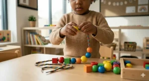 Large wooden beads and laces used as a threading toy on a light wooden table to develop hand-eye coordination in 3 year olds in a modern nursery.
