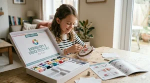 A girl learning to sew with a beginners' embroidery and cross stitch kit, featuring a small wooden hoop and colourful embroidery threads.