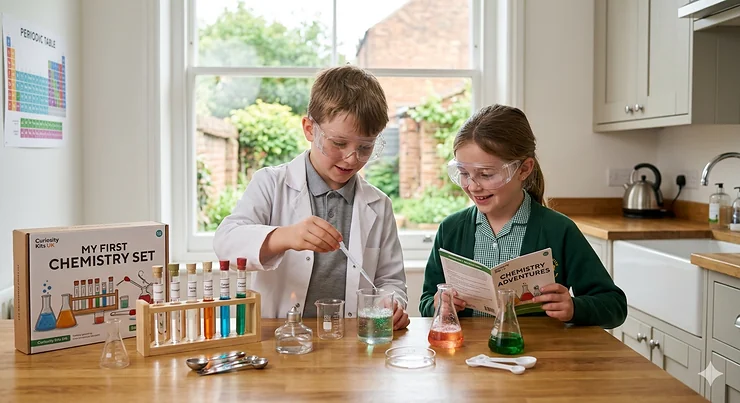 A British primary school child using a comprehensive chemistry set at a kitchen table, featuring test tubes, safety goggles, and colourful bubbling reactions. chemistry set for 10 year olds