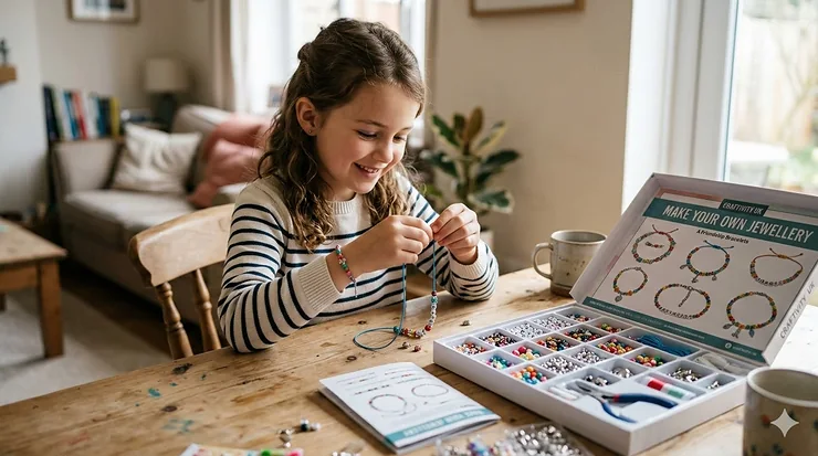 A 9-year-old girl sitting at a wooden table in a sunlit UK home, happily threading beads from a colourful jewellery making craft kit. craft kits for 9 year old girl
