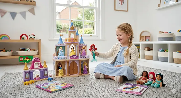 A collection of popular Disney Princess toys for a 4-year-old, featuring Cinderella, Belle, and Ariel dolls in a modern British playroom setting. Disney princess toys for 4 year old