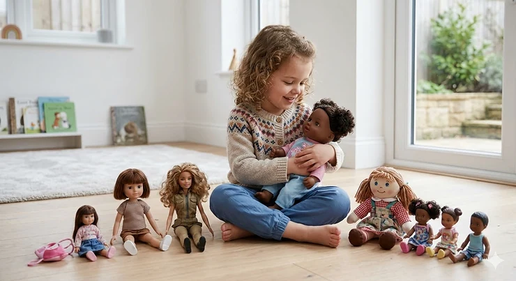 A young British girl happily playing with a selection of popular dolls and accessories in a bright playroom. dolls for 5 year old girl