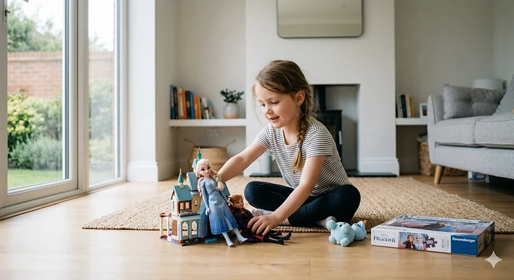 A selection of popular Disney Frozen toys for a 6 year old girl, including an Elsa doll and an ice castle playset in a modern British home. Frozen toys for 6 year old girl
