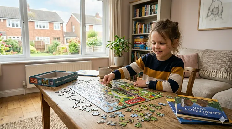 A young girl in a striped jumper happily assembling a large jigsaw puzzle on a wooden table in a sunlit British living room. puzzles for 5 year old
