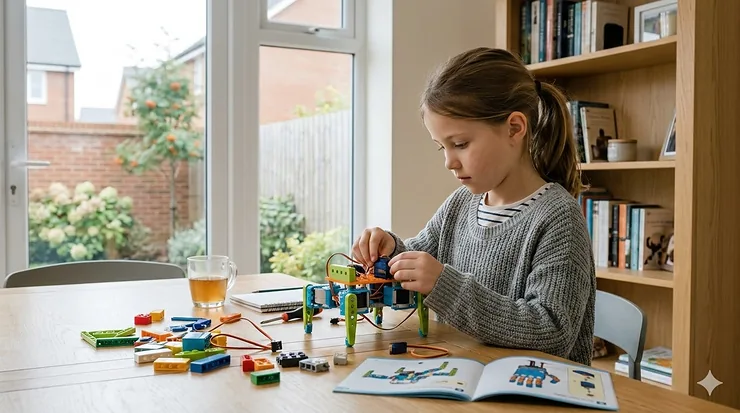 An 8 year old girl assembling a build-your-own robotics kit at a wooden table in a sunlit UK home. robot toys for 8 year old