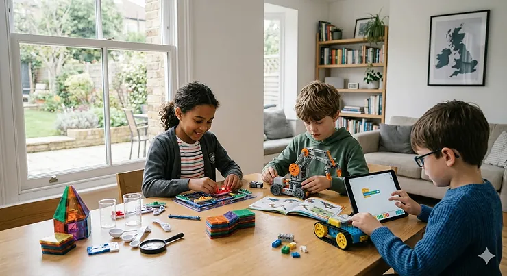 Three British Year 4 children collaborating with a range of STEM toys, including a circuit board, mechanical robotic arm, and a coding tablet, in a modern, sunlit family home. STEM toys for 8 year old